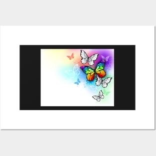 White Background with Rainbow Butterfly Posters and Art